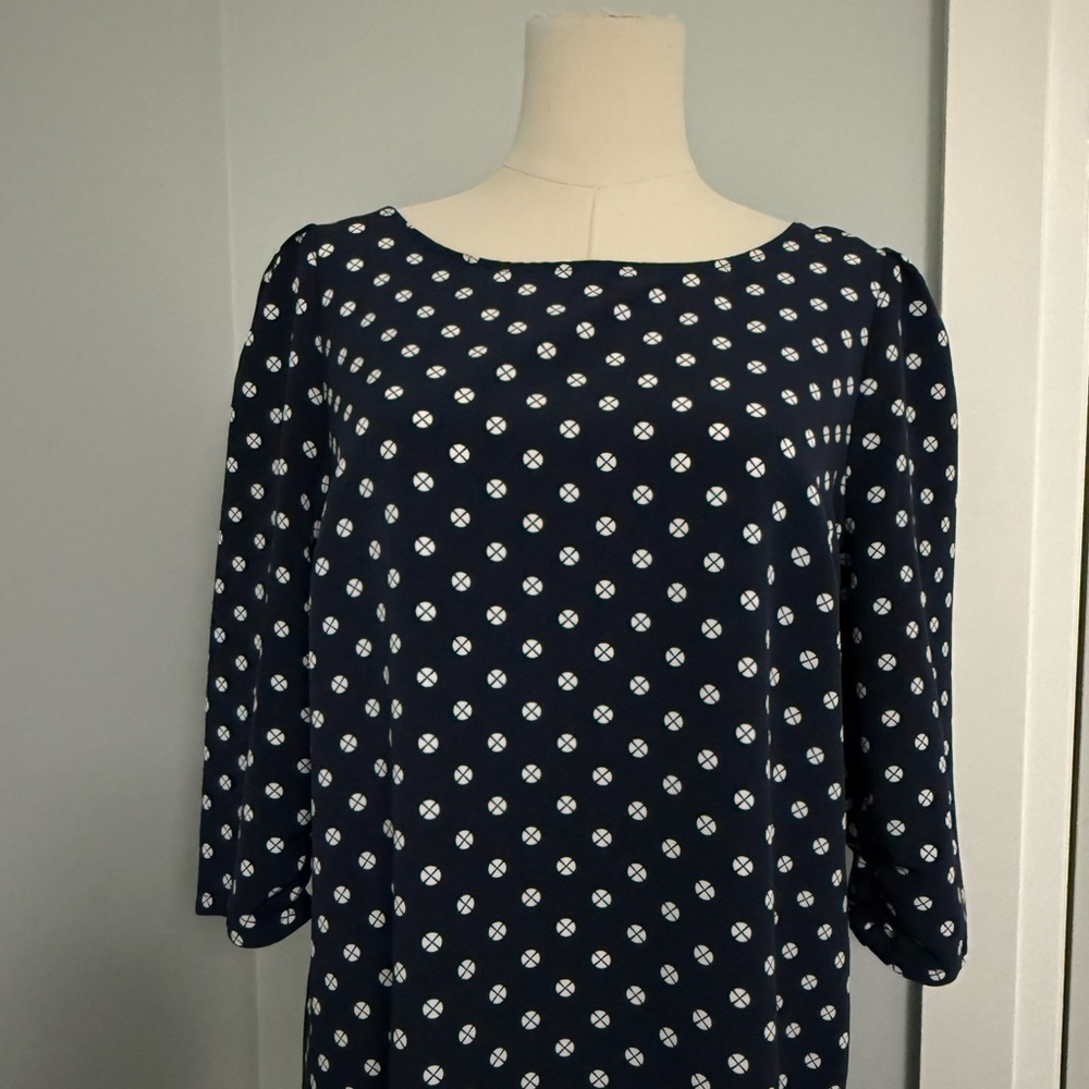 Jacob | Navy Geometric Print Travel Dress | Size Large, navy blue and white